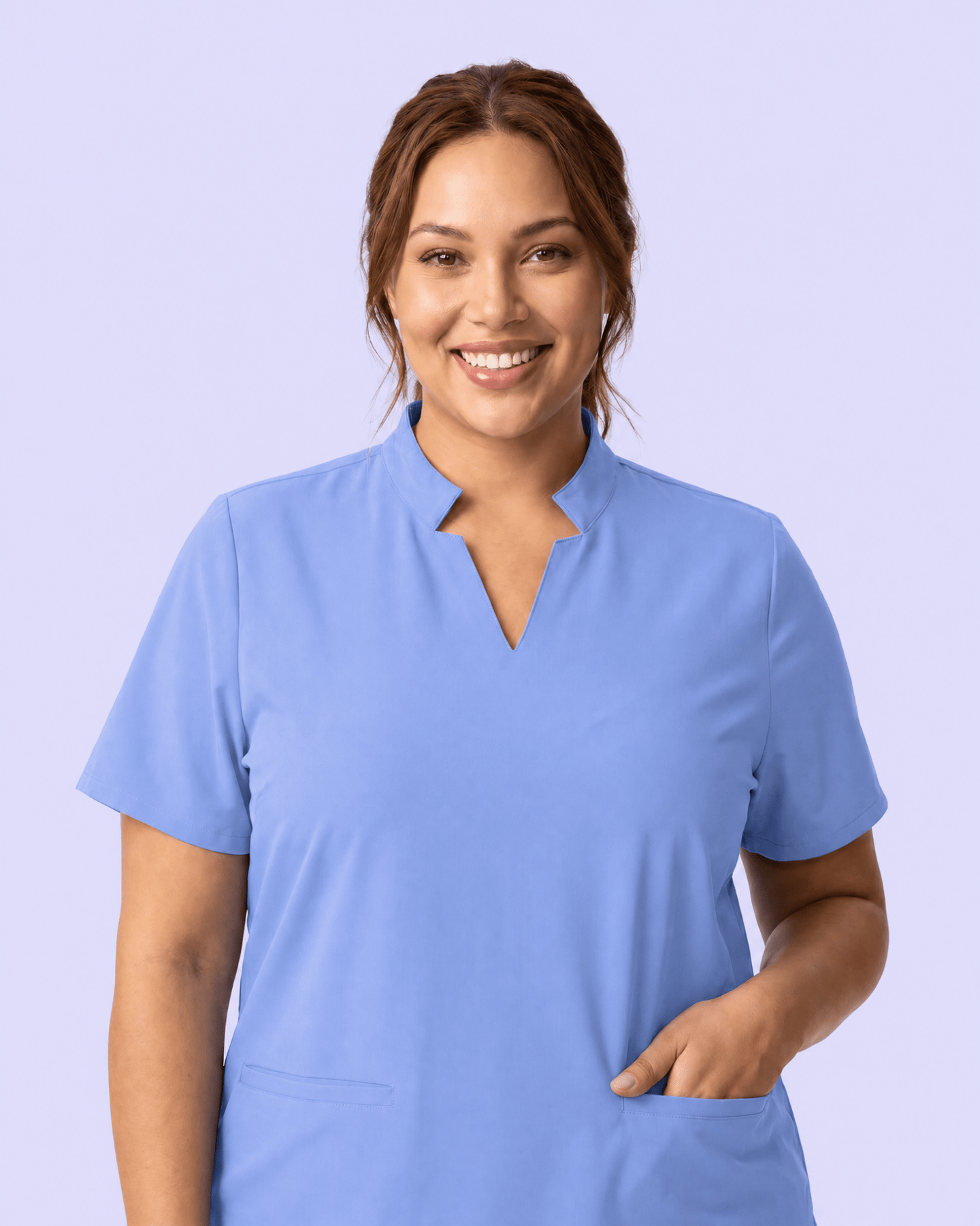 Women's Stand Collar Notch Neck Top Ceil Blue - Scrubloop