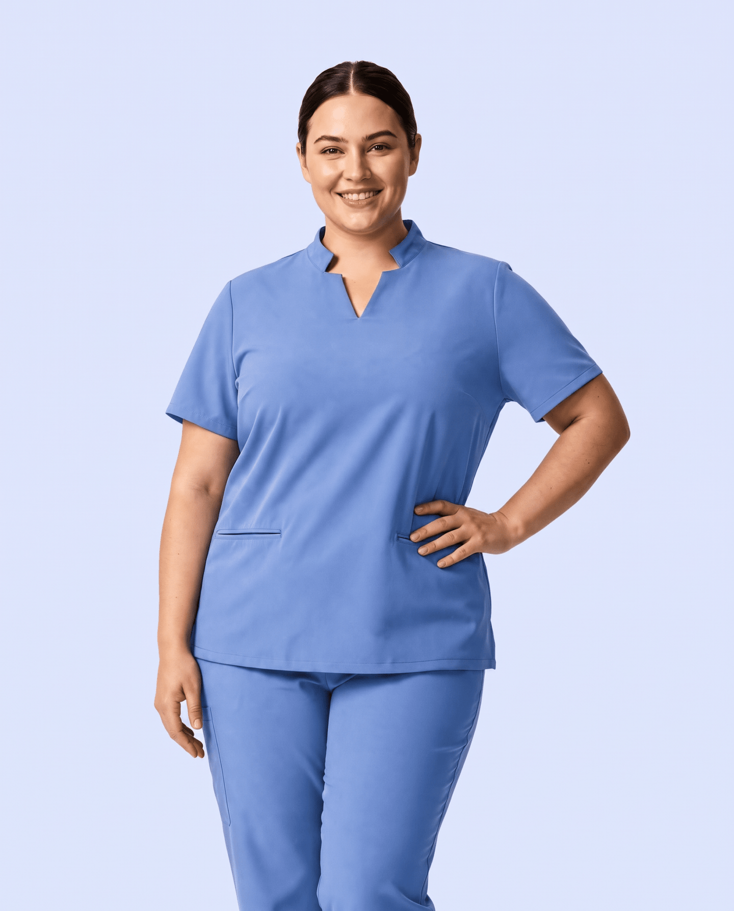 Women's Stand Collar Notch Neck Top Ceil Blue - Scrubloop