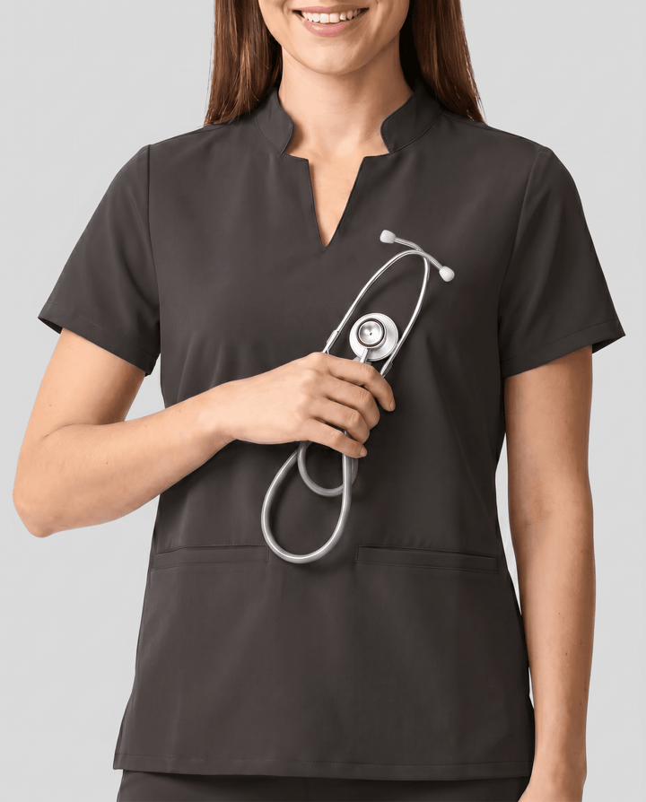 Women's Stand Collar Notch Neck Top Charcoal