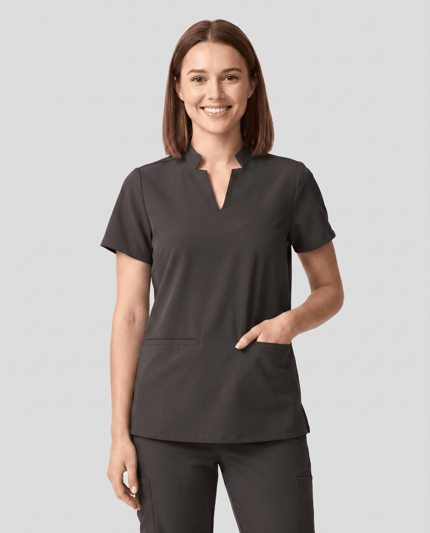 Women's Stand Collar Notch Neck Top Charcoal - Scrubloop