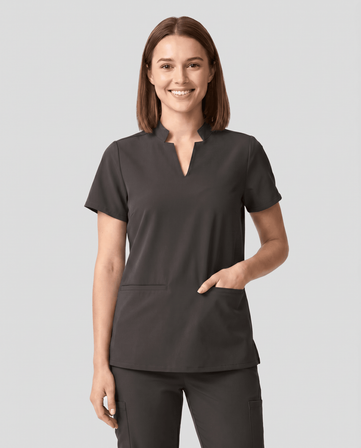 Women's Stand Collar Notch Neck Top Charcoal