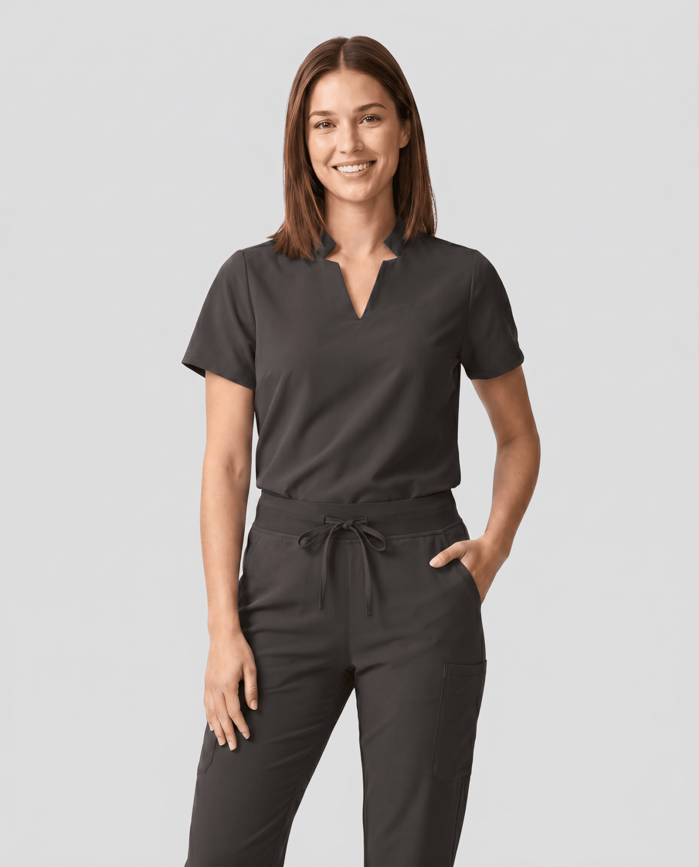 Women's Stand Collar Notch Neck Top Charcoal - Scrubloop