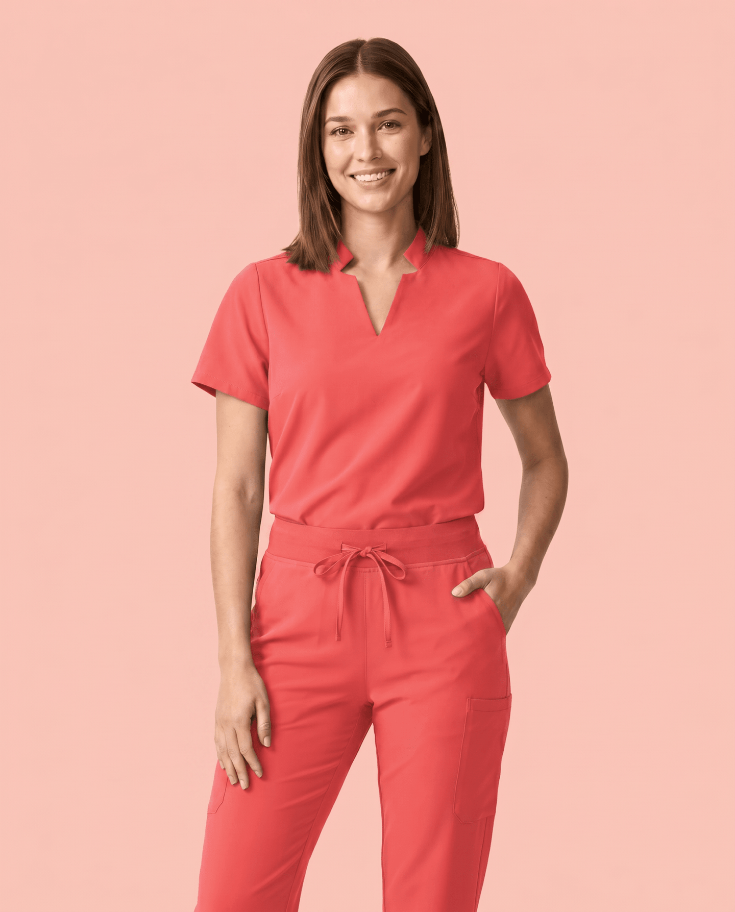Women's Stand Collar Notch Neck Top Coral - Scrubloop