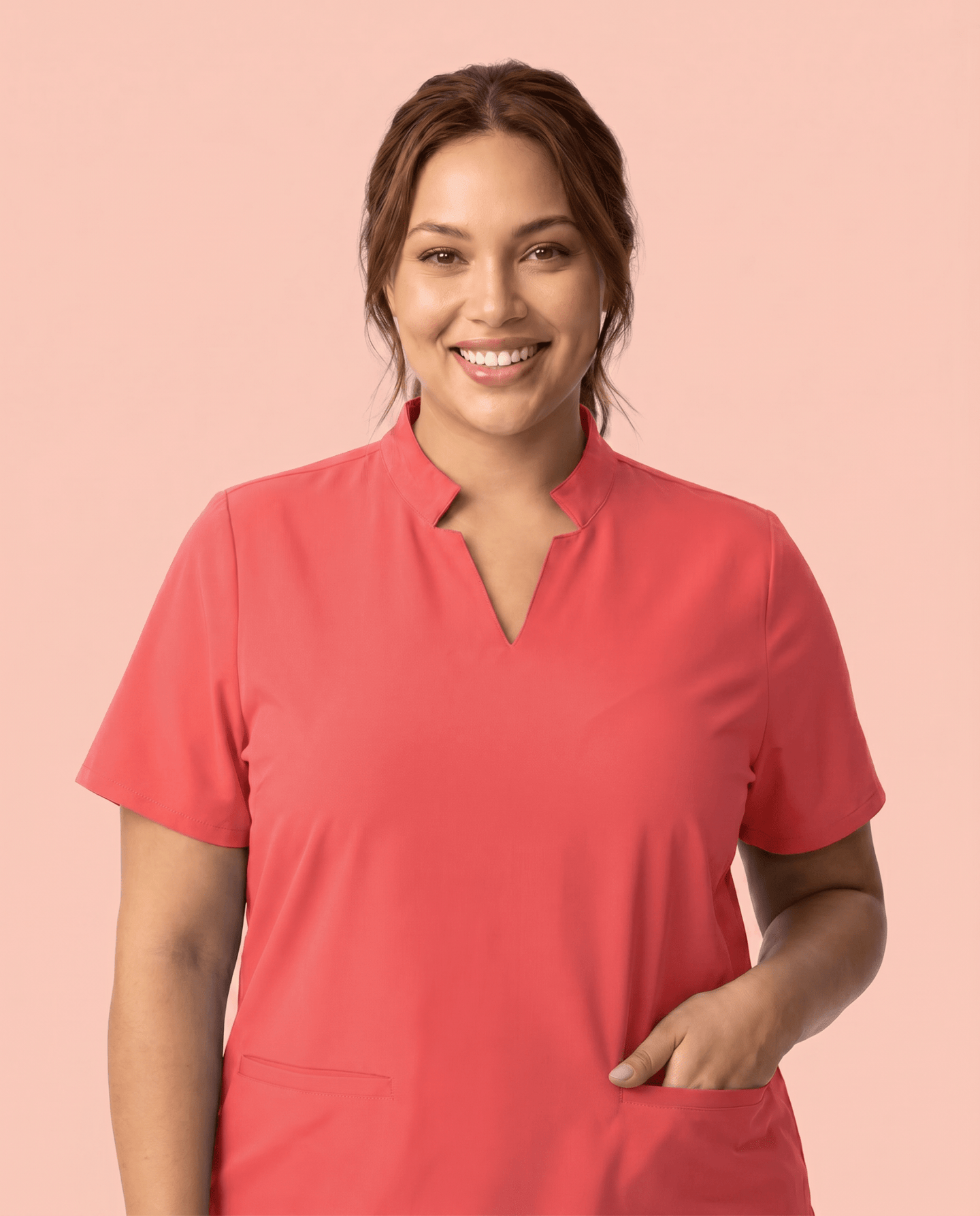 Women's Stand Collar Notch Neck Top Coral - Scrubloop