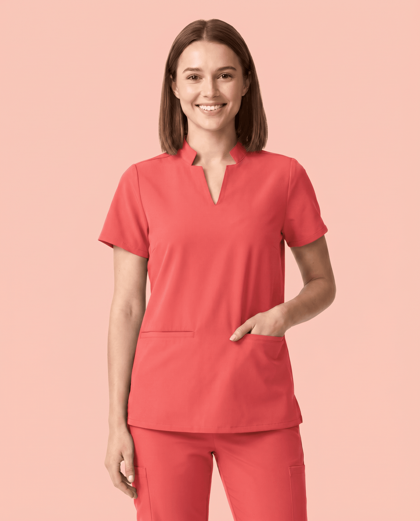 Women's Stand Collar Notch Neck Top Coral - Scrubloop