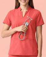 Women's Stand Collar Notch Neck Top Coral - Scrubloop