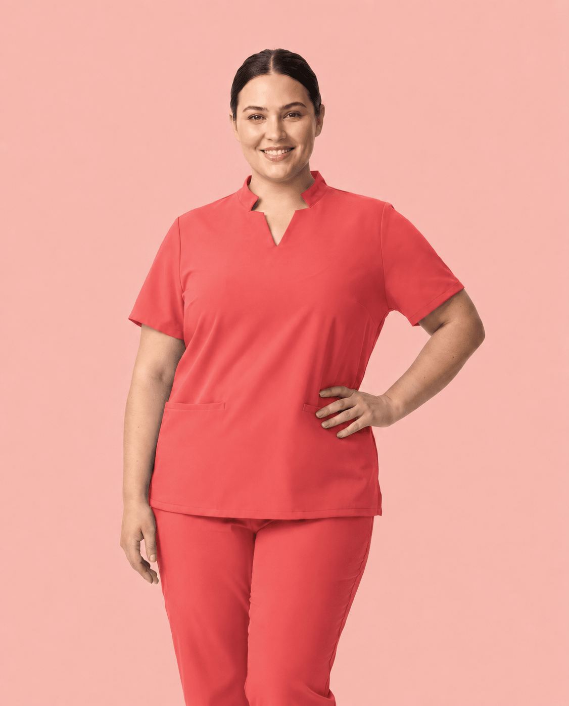 Women's Stand Collar Notch Neck Top Coral - Scrubloop