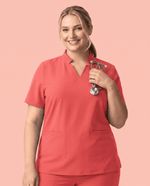 Women's Stand Collar Notch Neck Top Coral - Scrubloop