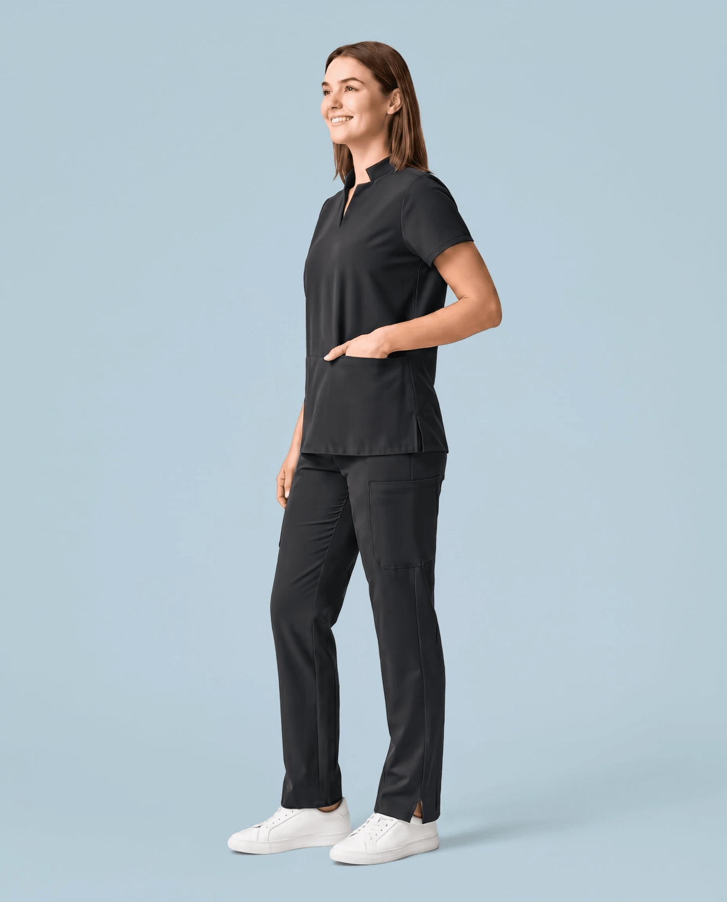 Women's Stand Collar Notch Neck Top Dark Harbor - Scrubloop