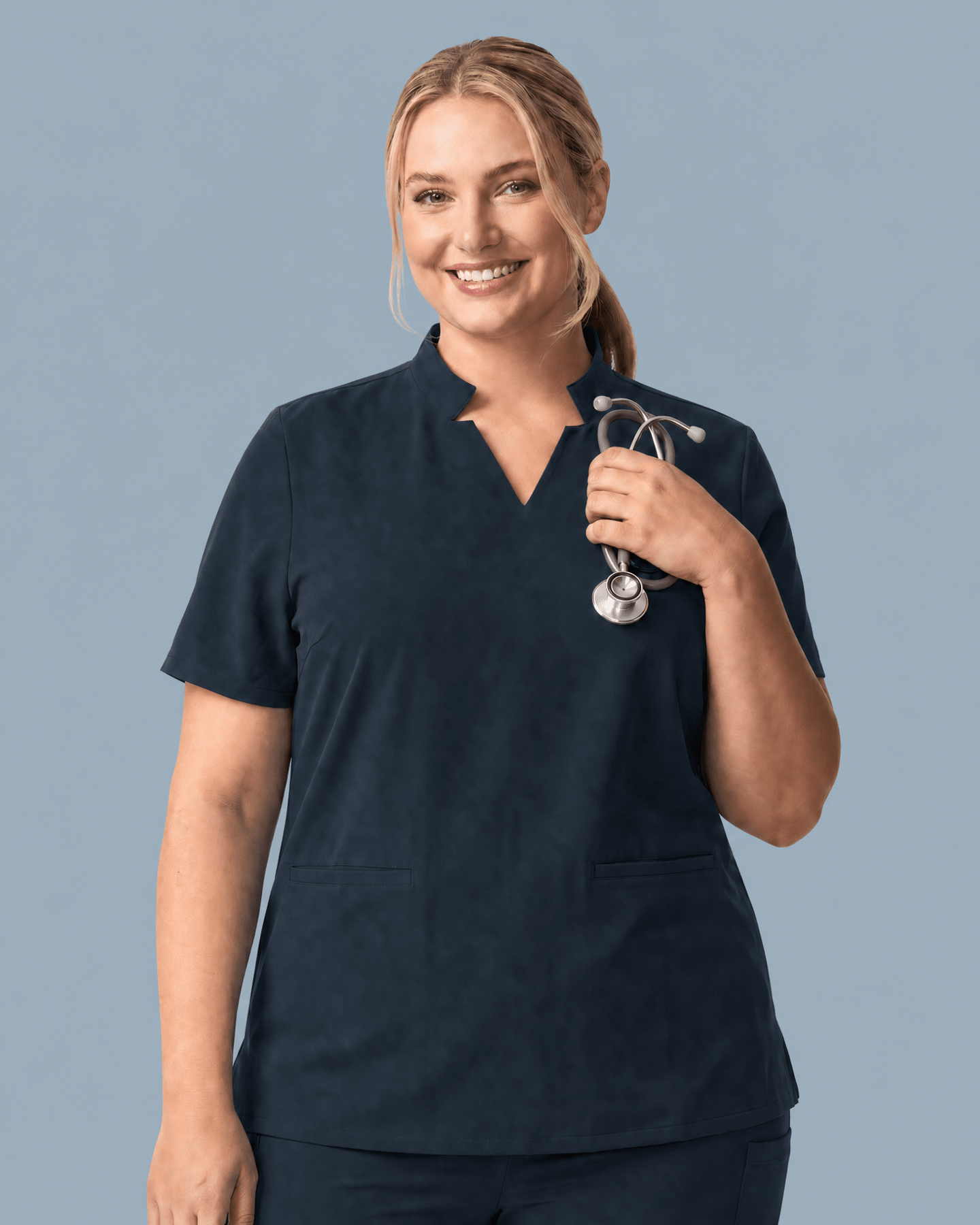 Women's Stand Collar Notch Neck Top Dark Harbor - Scrubloop