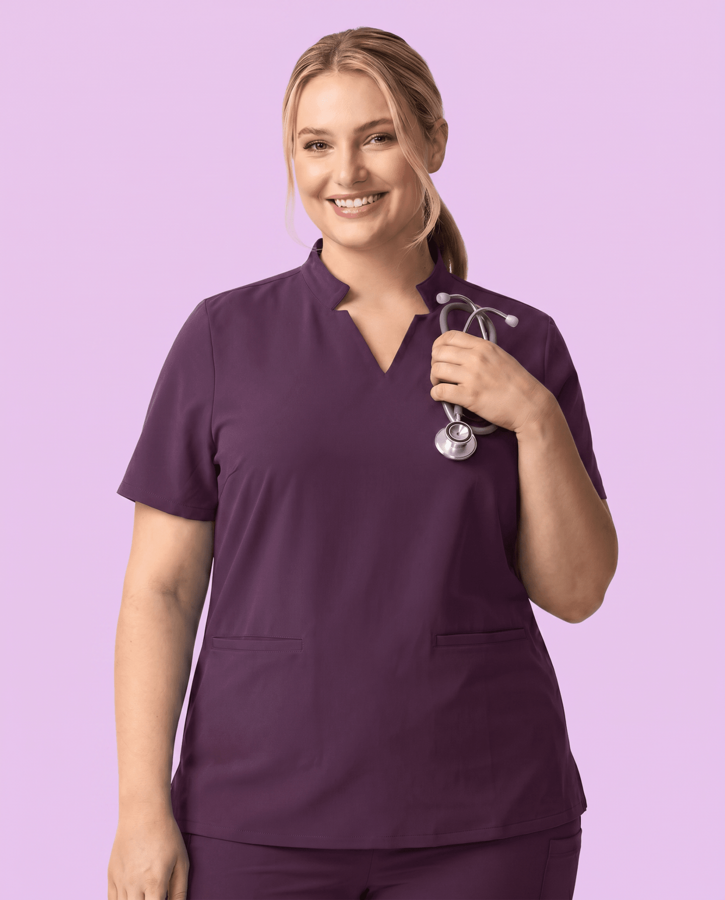 Women's Stand Collar Notch Neck Top Deep Eggplant - Scrubloop