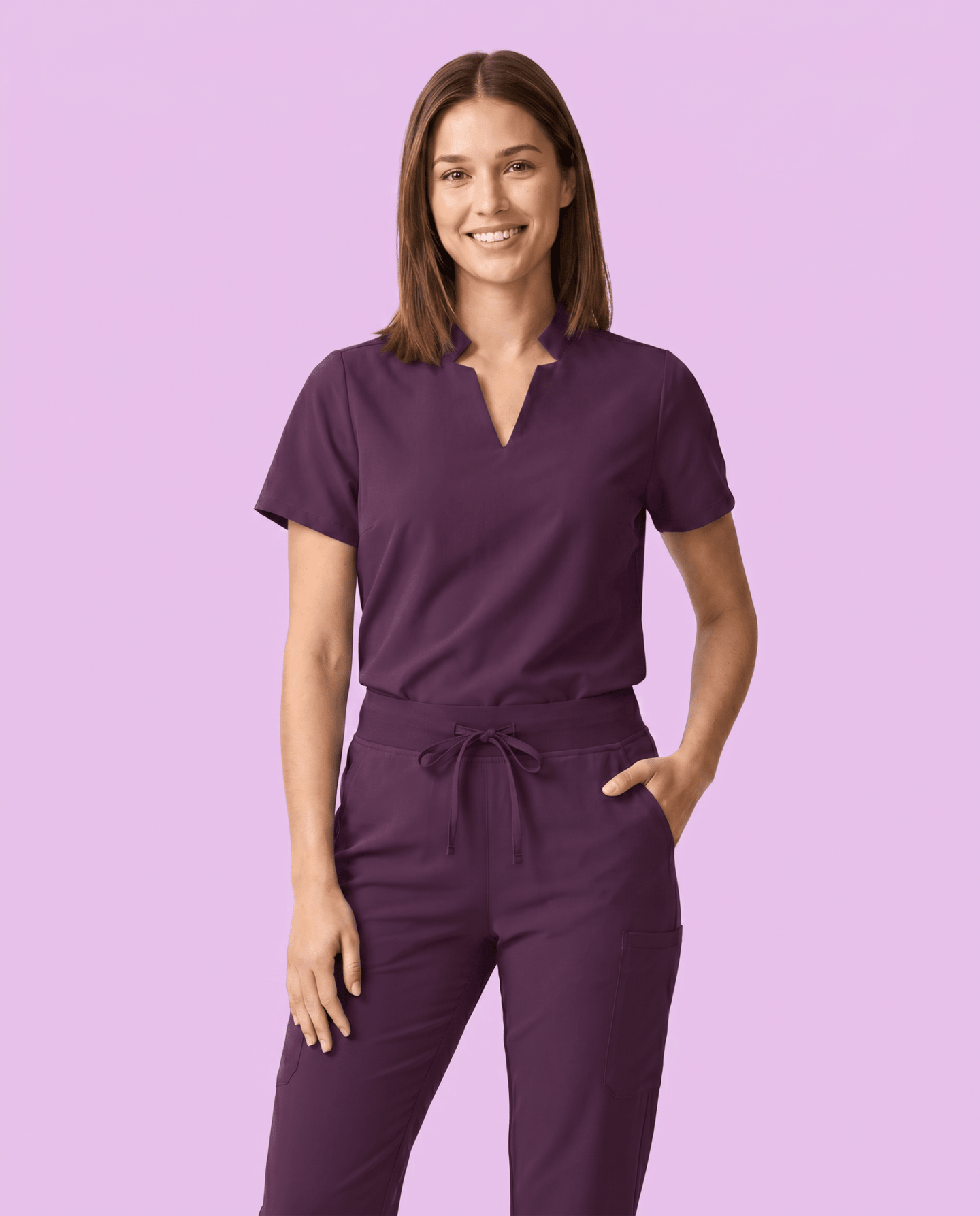 Women's Stand Collar Notch Neck Top Deep Eggplant - Scrubloop