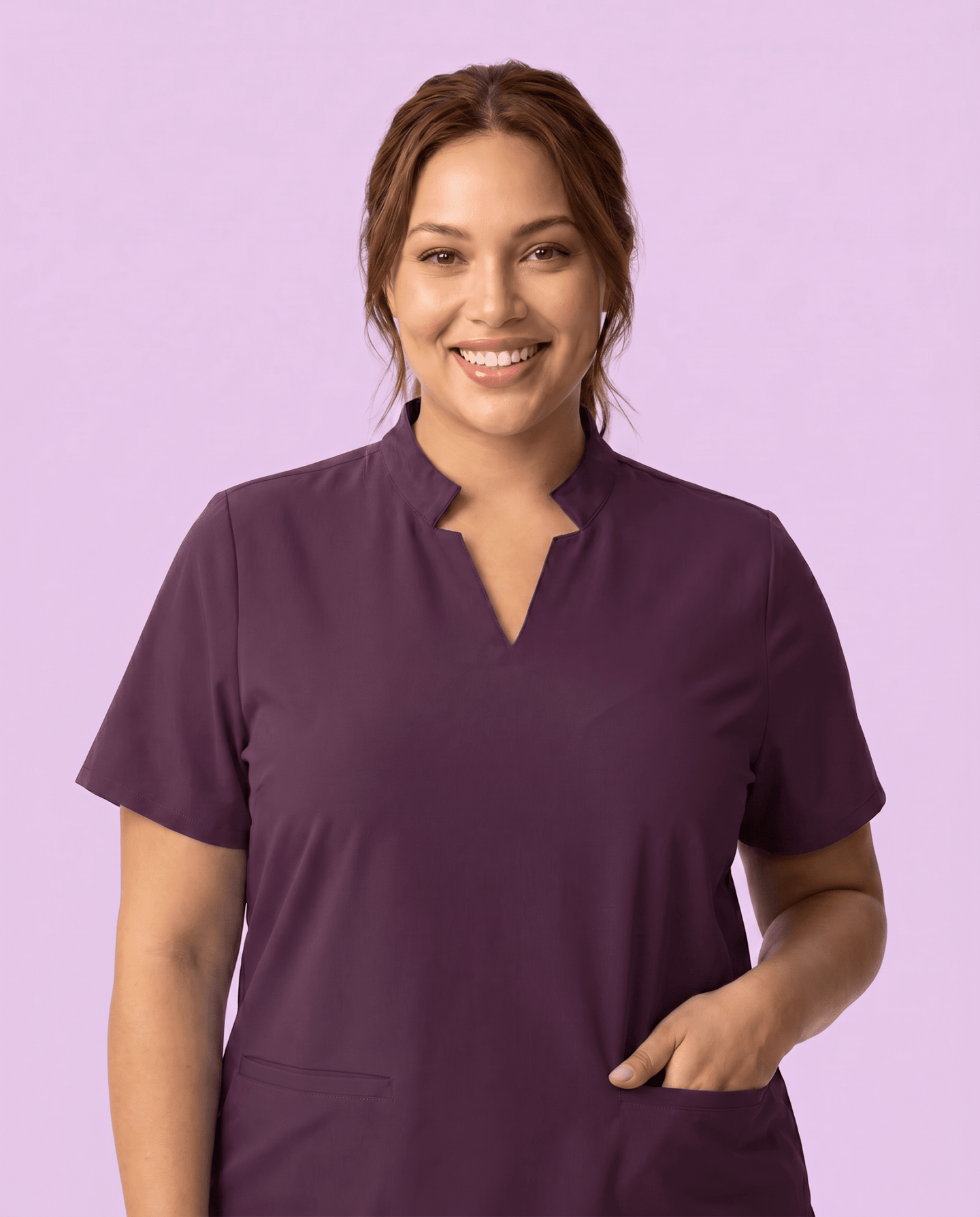 Women's Stand Collar Notch Neck Top Deep Eggplant - Scrubloop