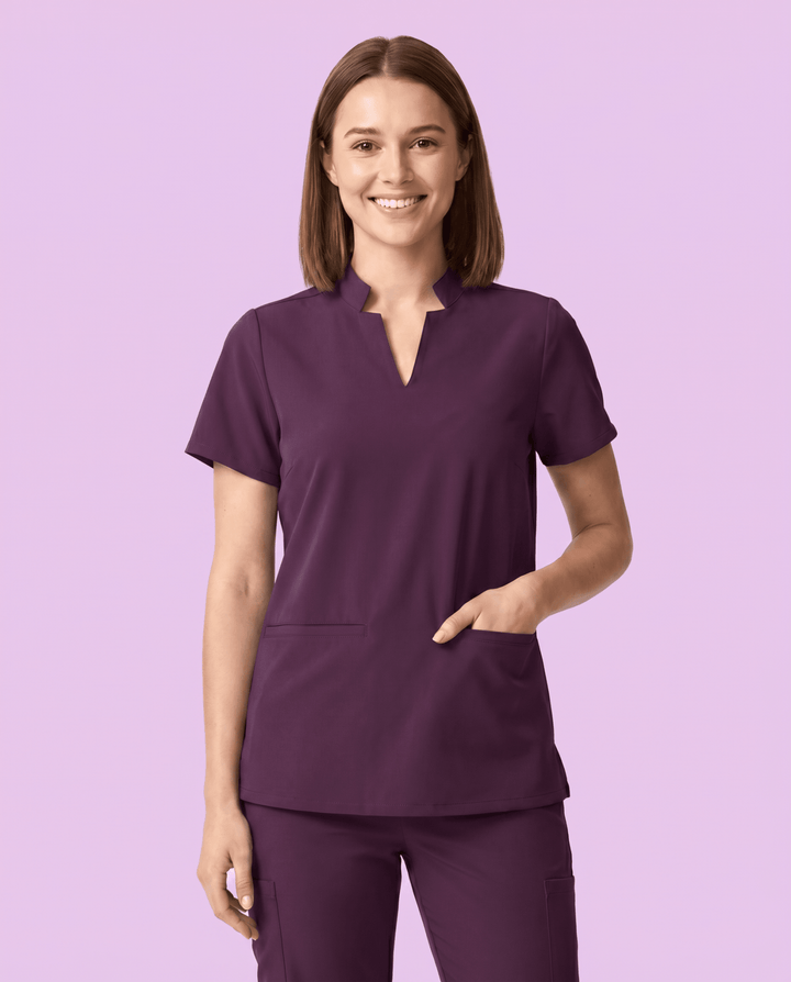 Women's Stand Collar Notch Neck Top Deep Eggplant