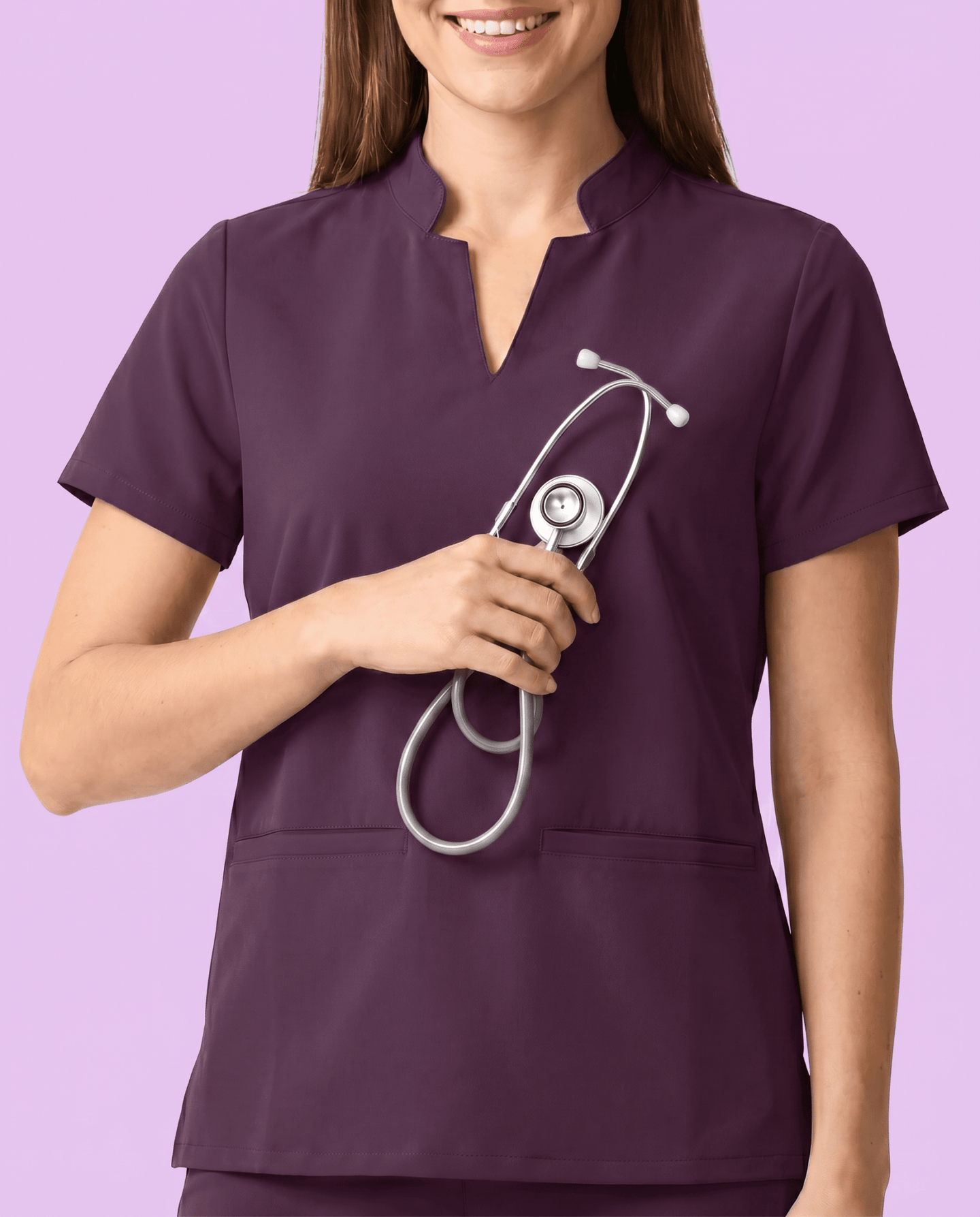 Women's Stand Collar Notch Neck Top Deep Eggplant - Scrubloop