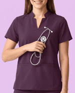 Women's Stand Collar Notch Neck Top Deep Eggplant - Scrubloop