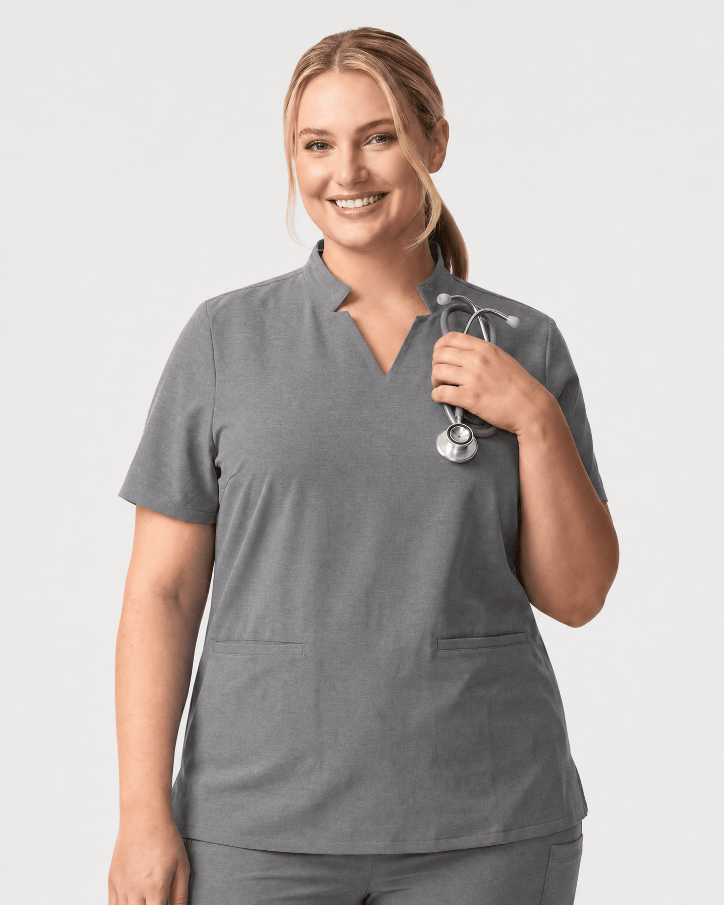 Women's Stand Collar Notch Neck Top Heather Gray - Scrubloop