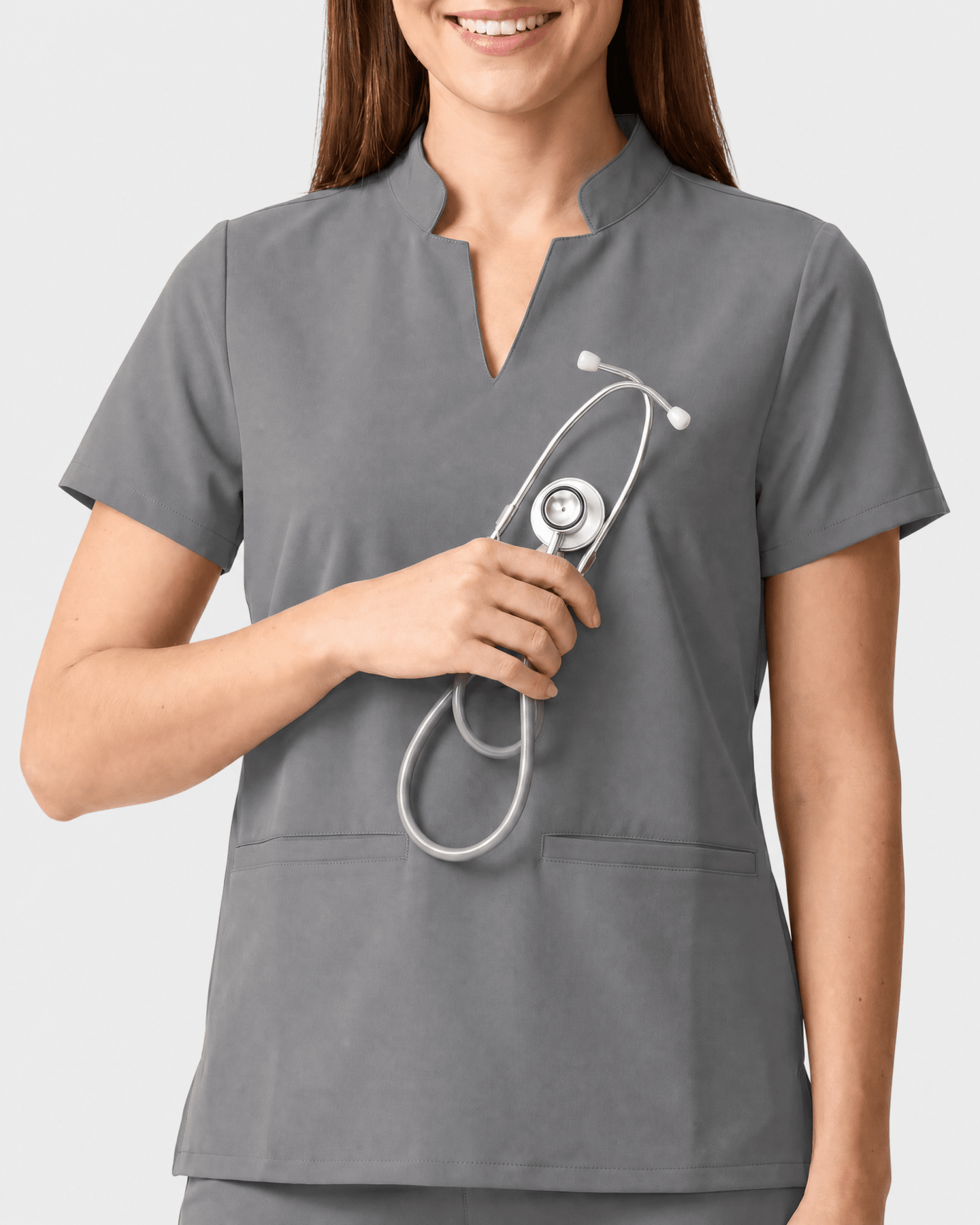 Women's Stand Collar Notch Neck Top Heather Gray - Scrubloop