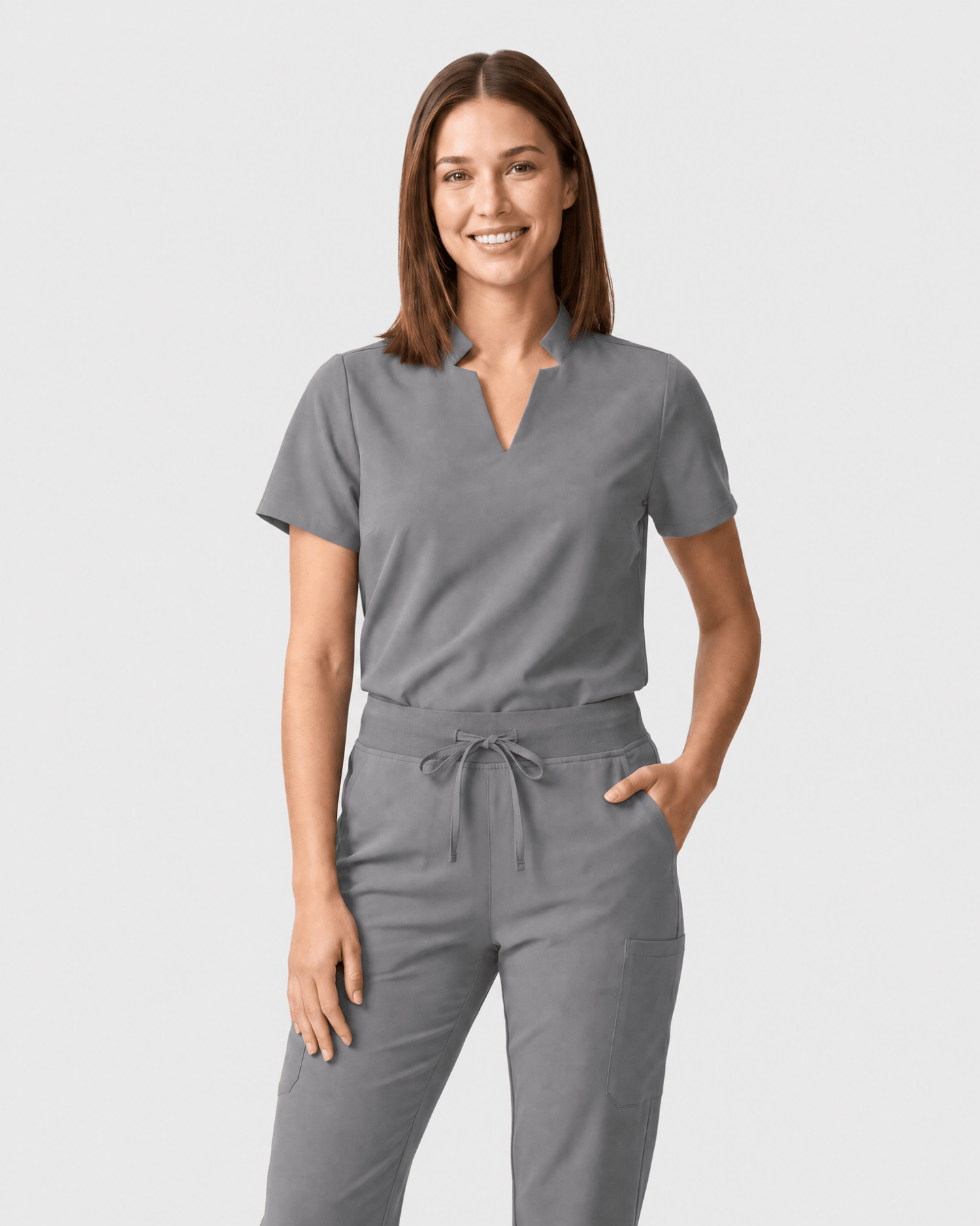 Women's Stand Collar Notch Neck Top Heather Gray - Scrubloop