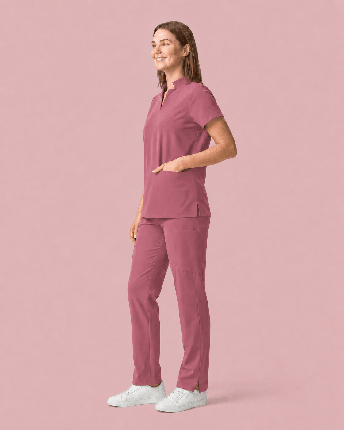 Women's Stand Collar Notch Neck Top Mauve - Scrubloop