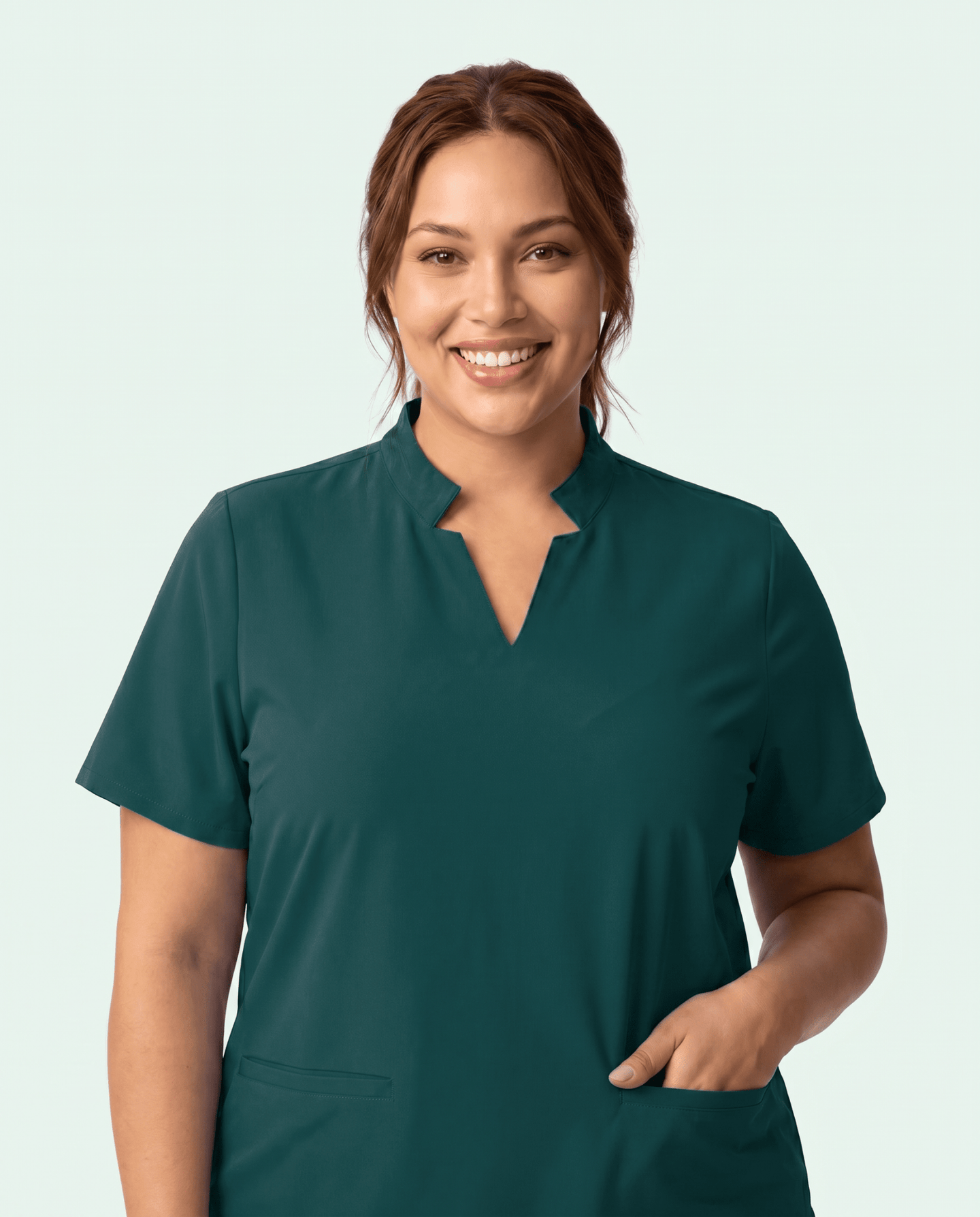 Women's Stand Collar Notch Neck Top Midnight Green - Scrubloop