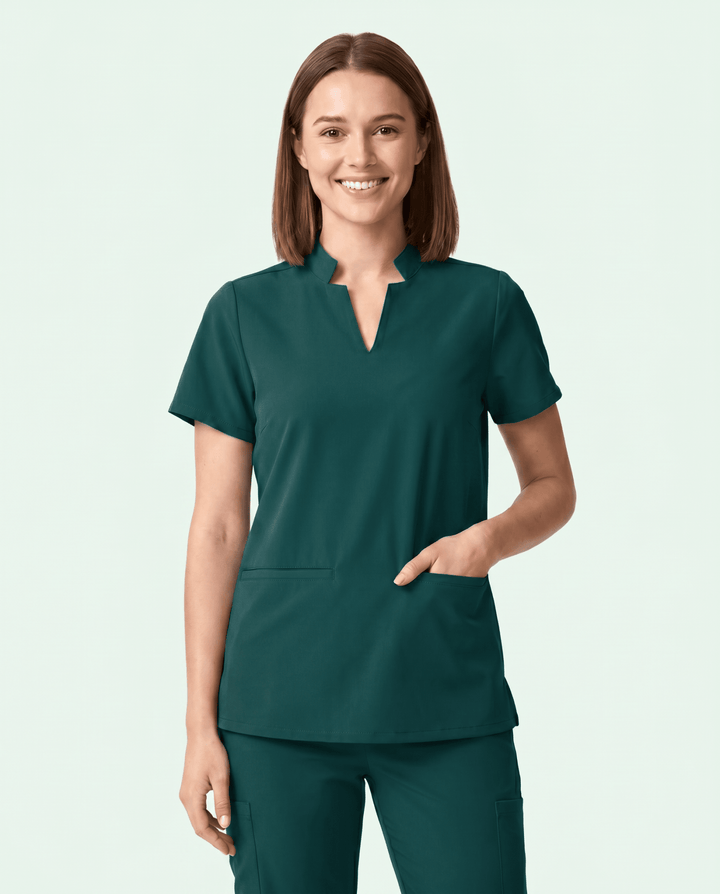 Women's Stand Collar Notch Neck Top Midnight Green