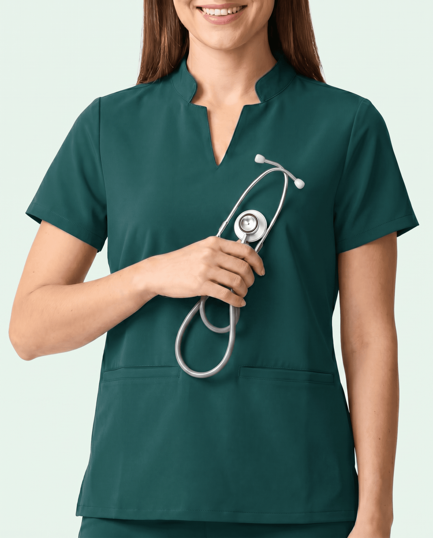 Women's Stand Collar Notch Neck Top Midnight Green - Scrubloop