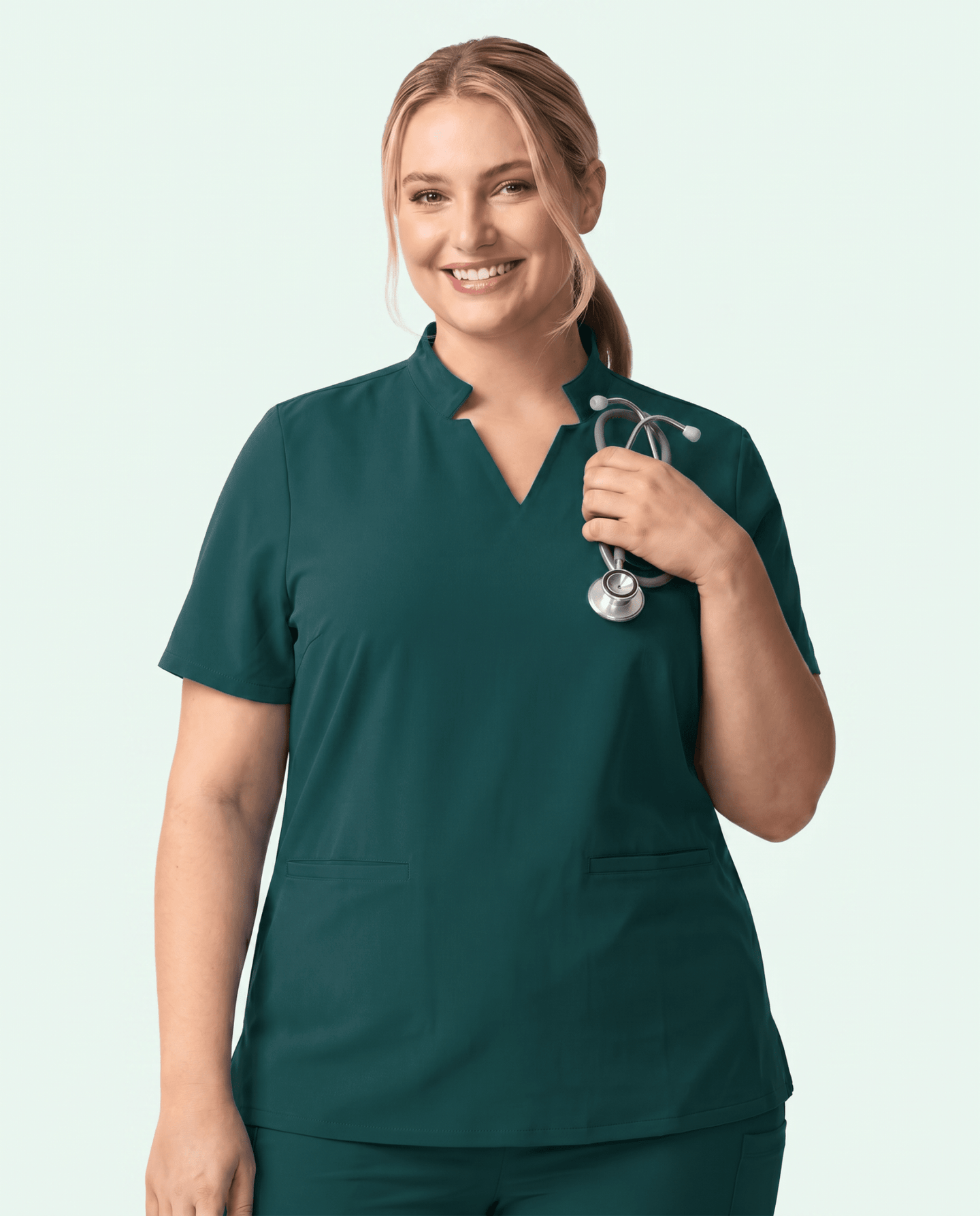Women's Stand Collar Notch Neck Top Midnight Green - Scrubloop