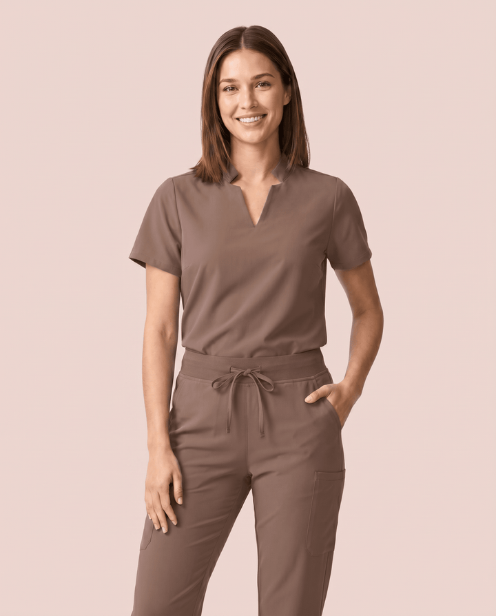 Women's Stand Collar Notch Neck Top Mocha
