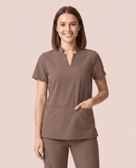 Women's Stand Collar Notch Neck Top Mocha - Scrubloop