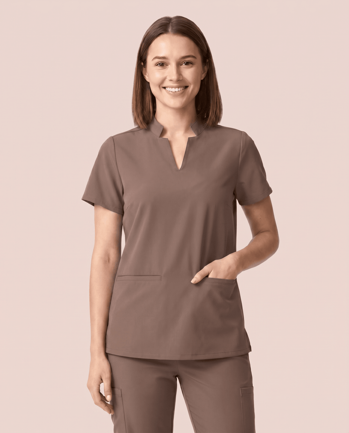 Women's Stand Collar Notch Neck Top Mocha