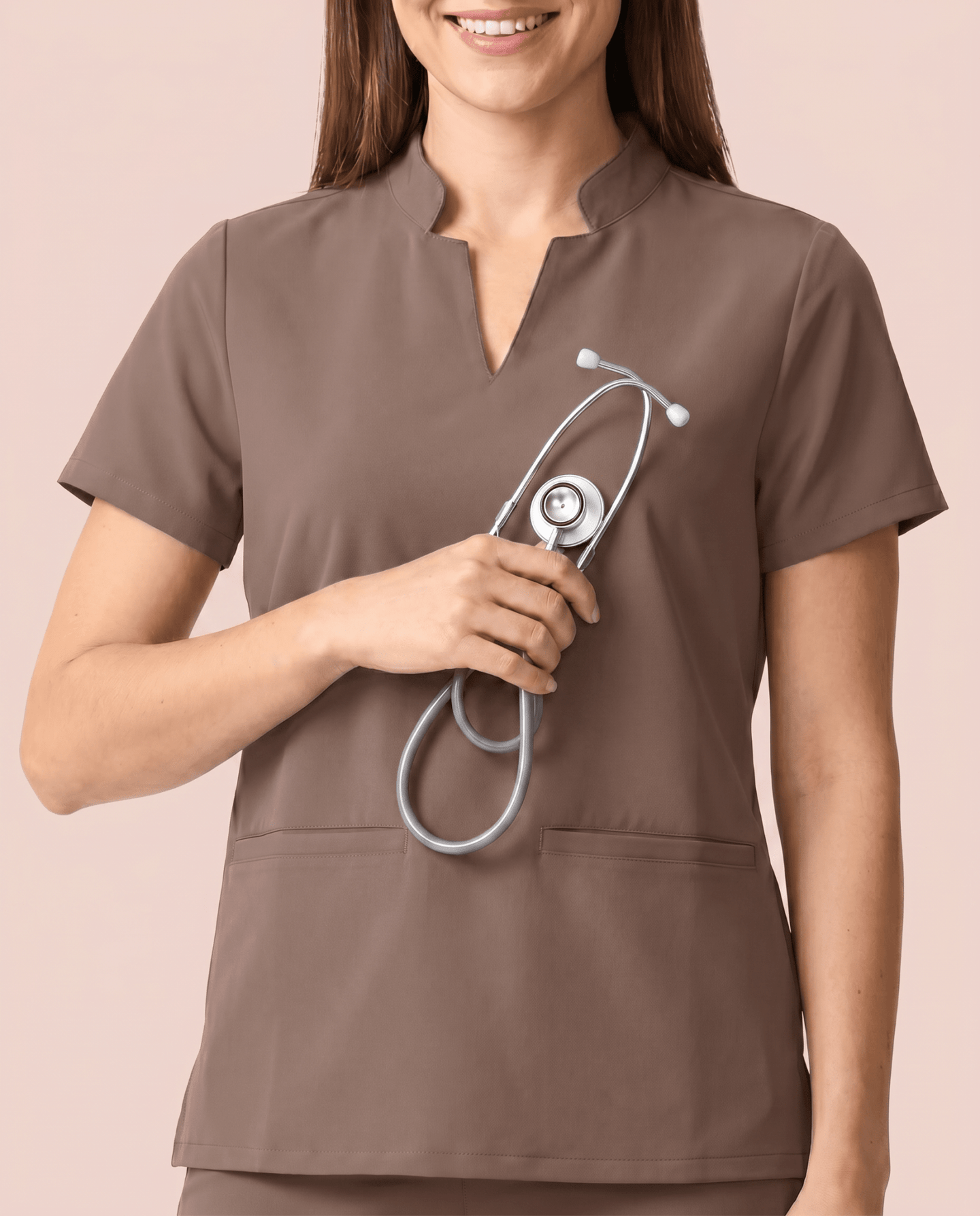 Women's Stand Collar Notch Neck Top Mocha - Scrubloop