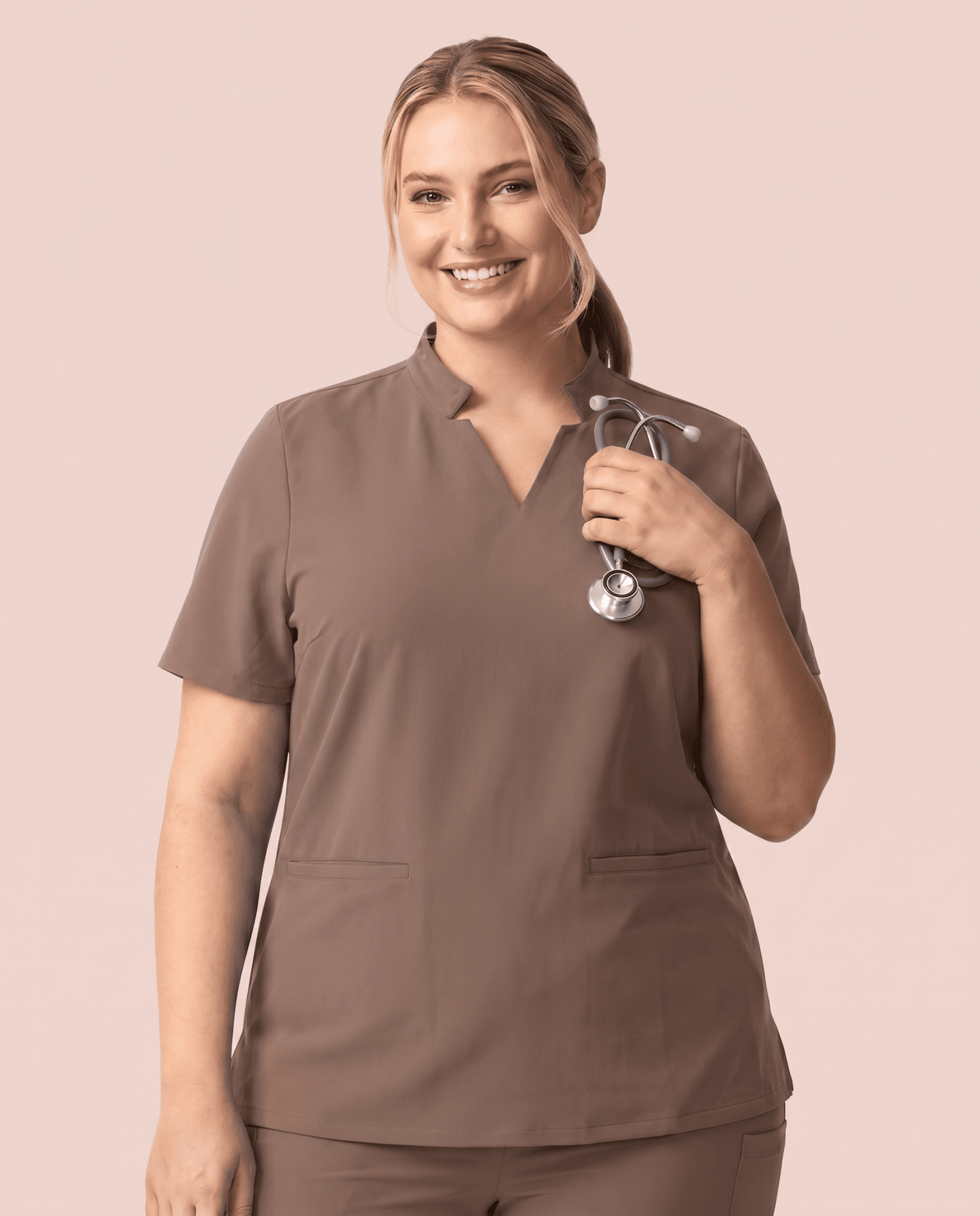 Women's Stand Collar Notch Neck Top Mocha - Scrubloop