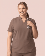 Women's Stand Collar Notch Neck Top Mocha - Scrubloop