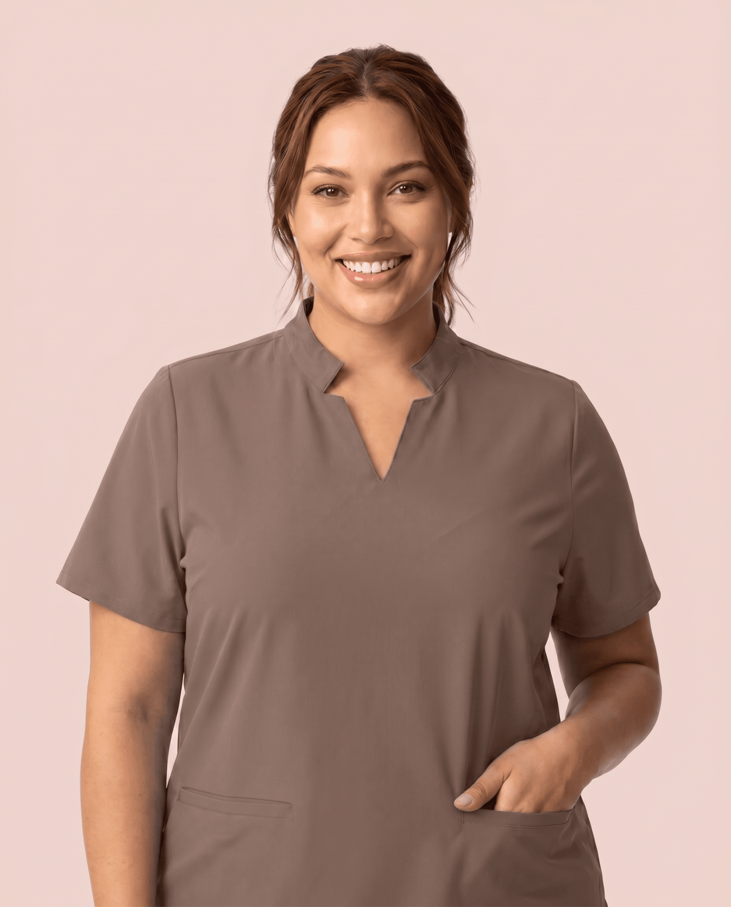 Women's Stand Collar Notch Neck Top Mocha - Scrubloop
