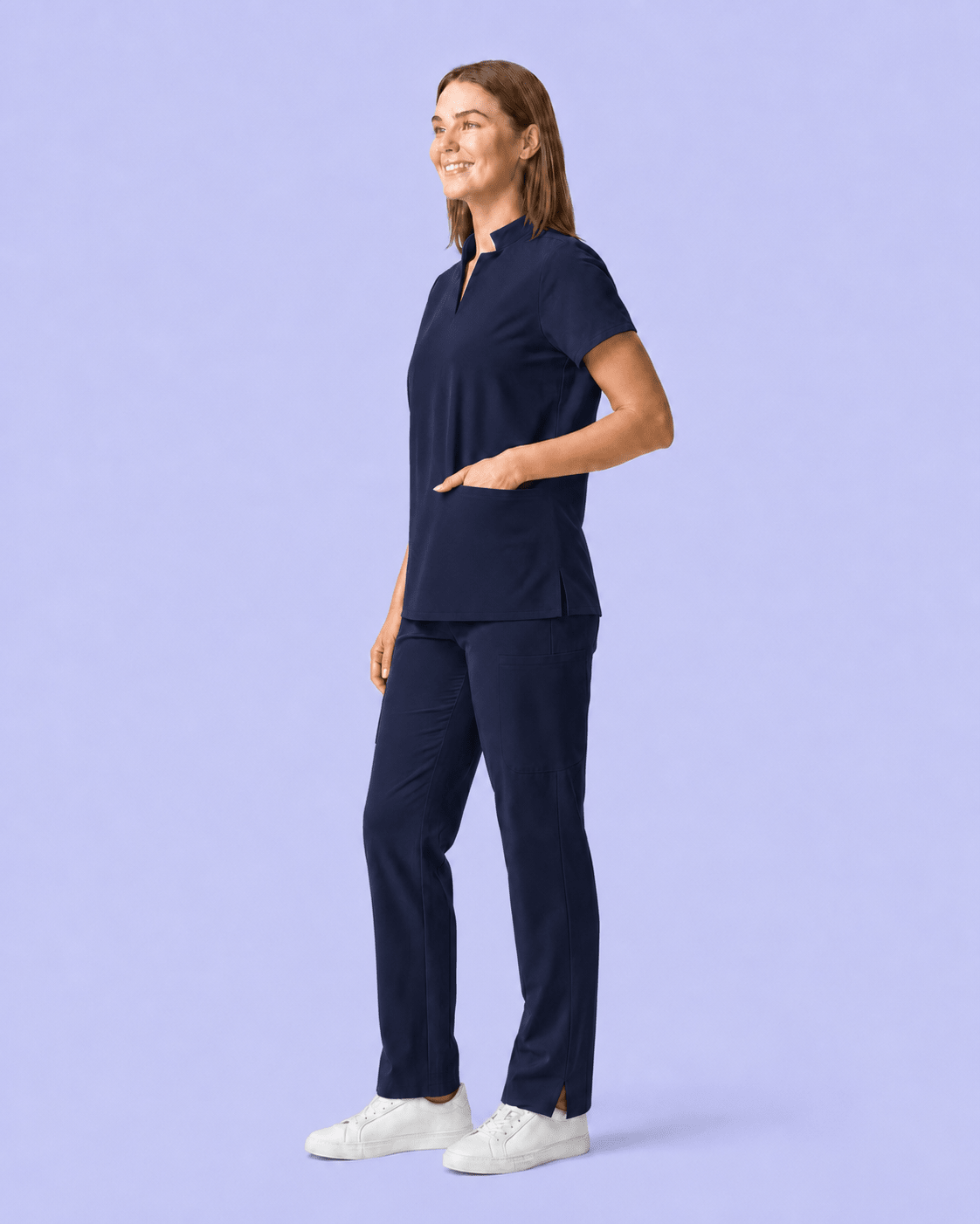 Women's Stand Collar Notch Neck Top Navy - Scrubloop