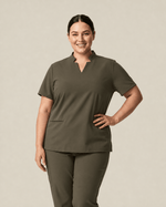 Women's Stand Collar Notch Neck Top Olive - Scrubloop