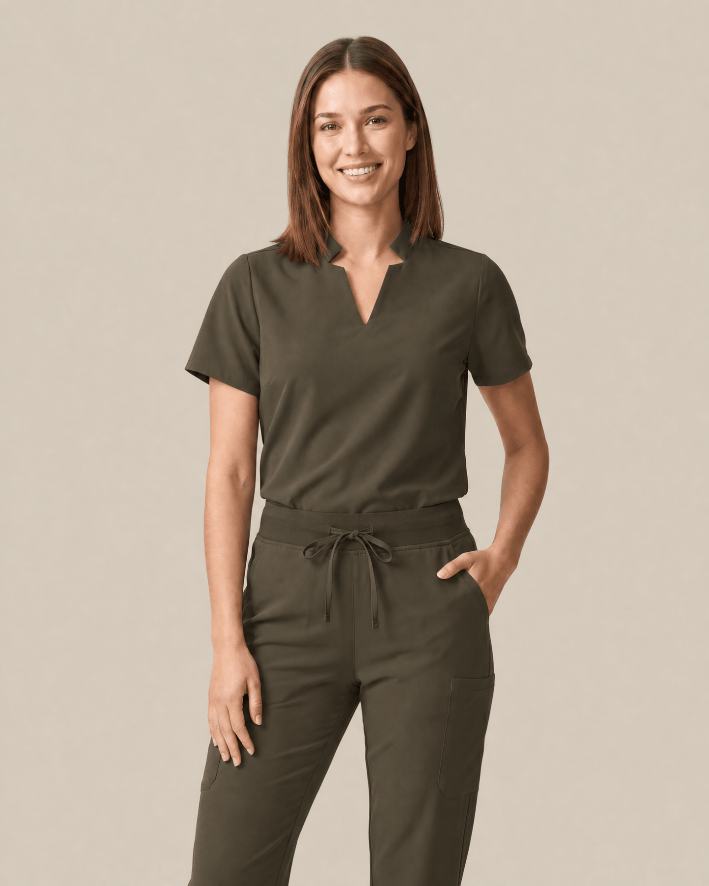 Women's Stand Collar Notch Neck Top Olive - Scrubloop