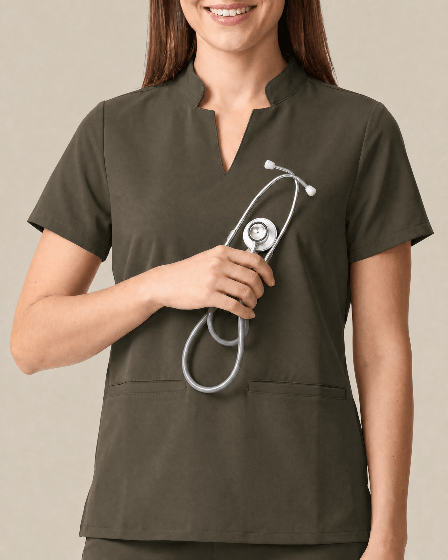 Women's Stand Collar Notch Neck Top Olive - Scrubloop