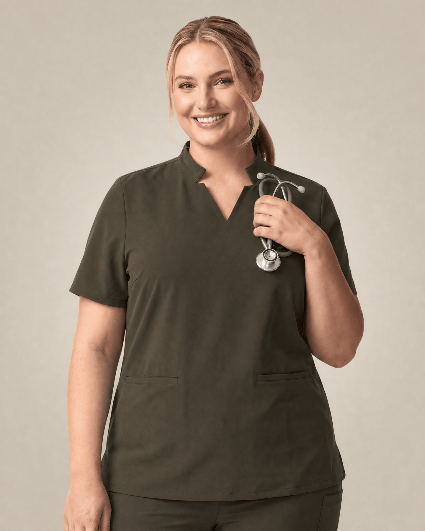 Women's Stand Collar Notch Neck Top Olive - Scrubloop