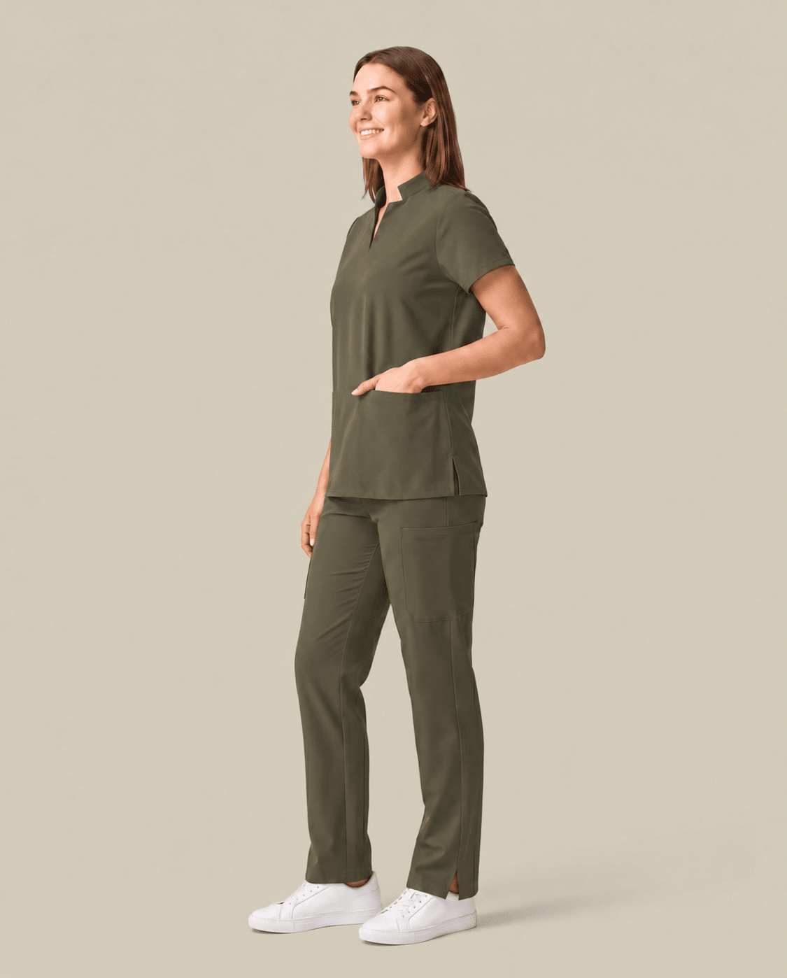 Women's Stand Collar Notch Neck Top Olive - Scrubloop