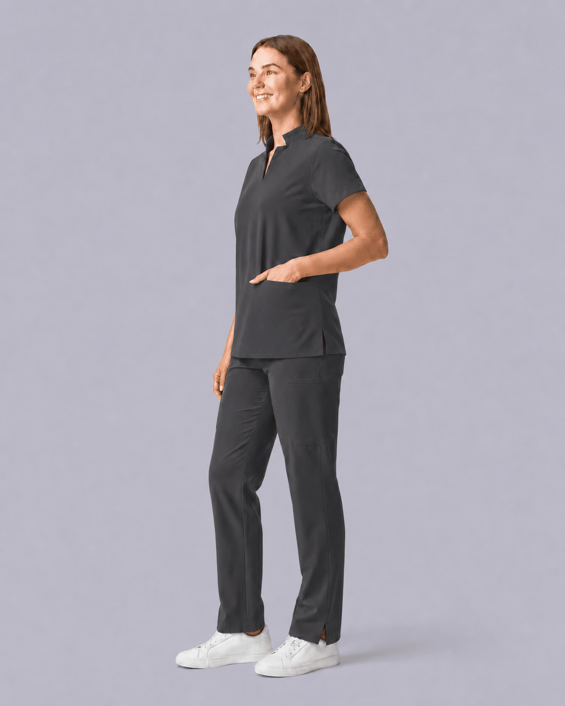 Women's Stand Collar Notch Neck Top Pewter - Scrubloop
