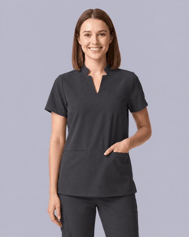 Women's Stand Collar Notch Neck Top Pewter