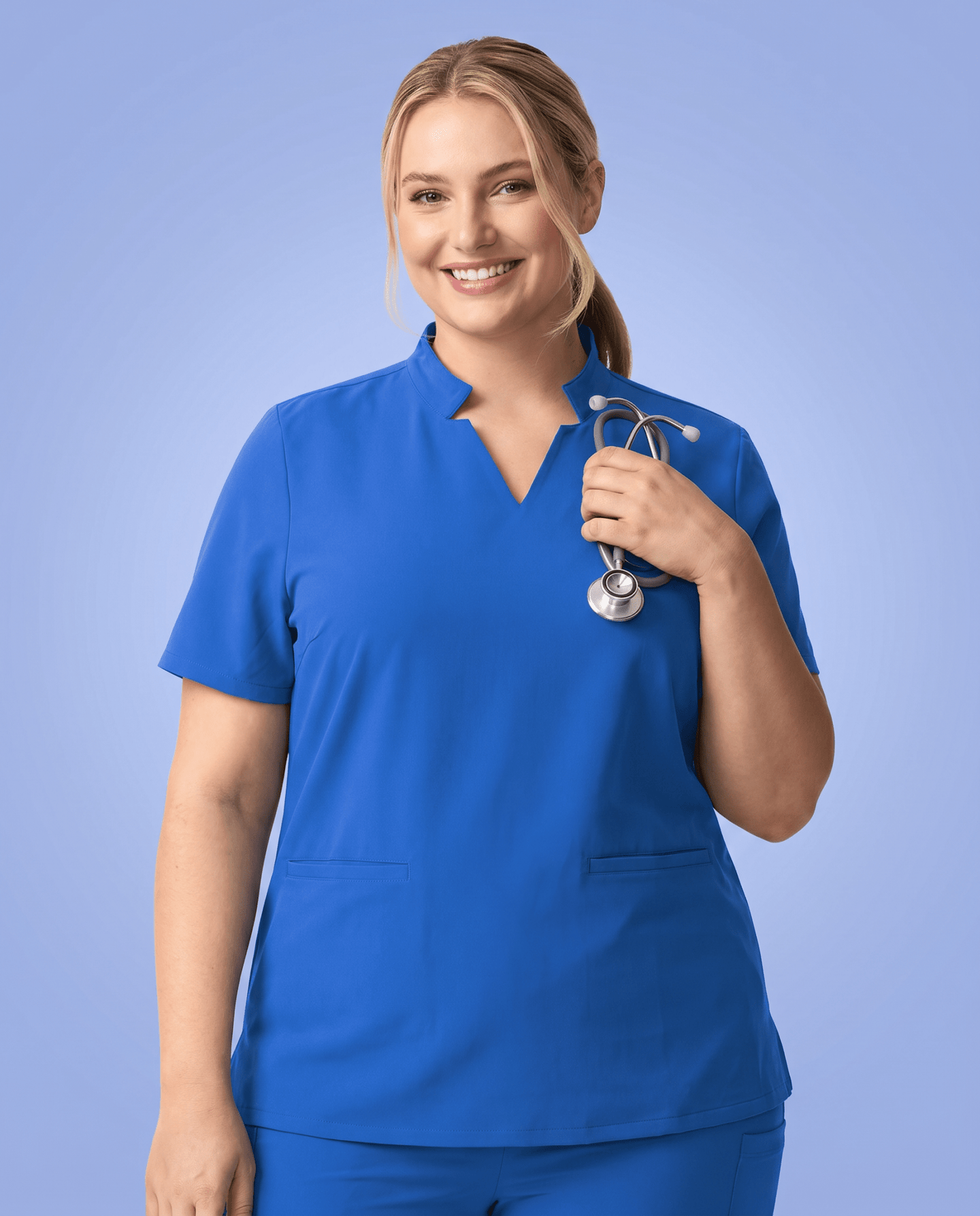 Women's Stand Collar Notch Neck Top Royal Blue - Scrubloop