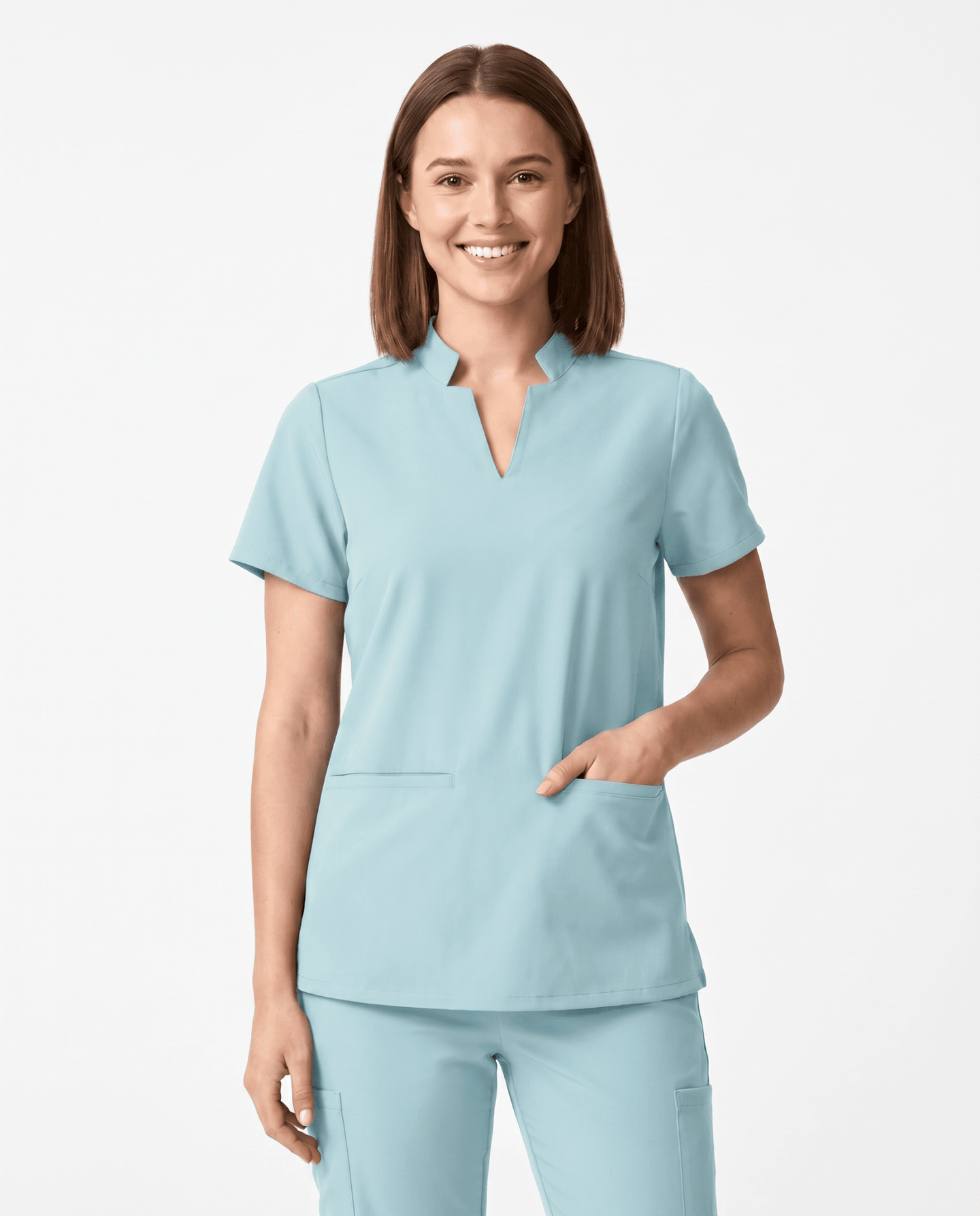 Women's Stand Collar Notch Neck Top Sky Blue - Scrubloop