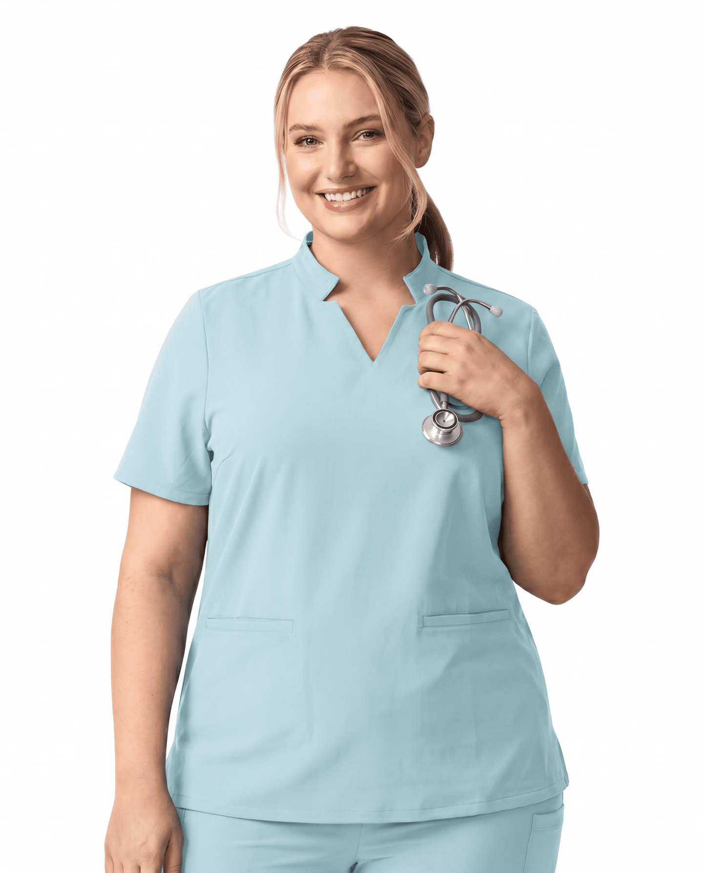 Women's Stand Collar Notch Neck Top Sky Blue - Scrubloop