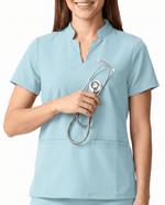 Women's Stand Collar Notch Neck Top Sky Blue - Scrubloop