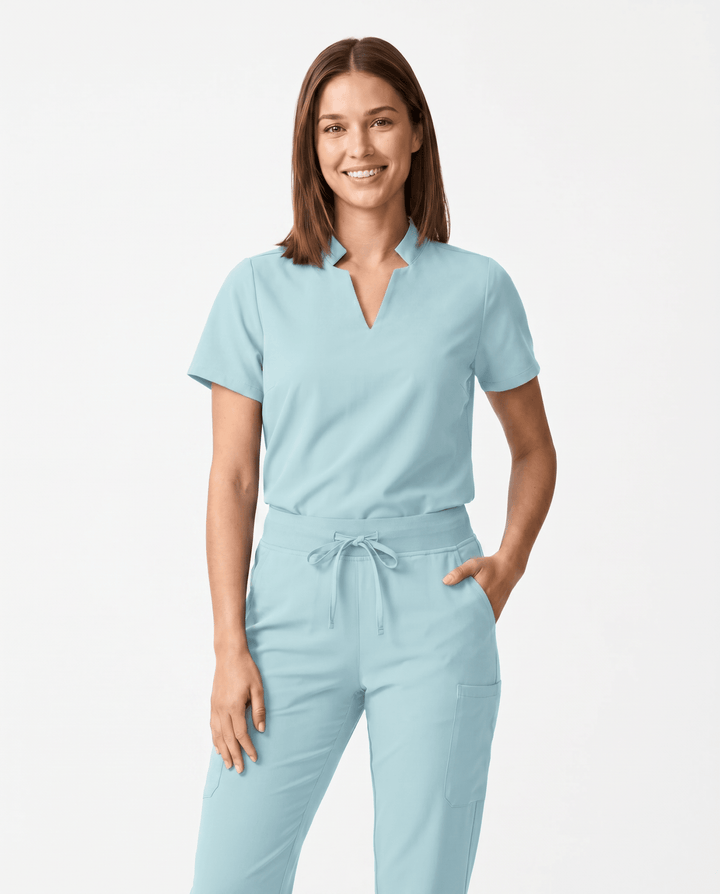 Women's Stand Collar Notch Neck Top Sky Blue