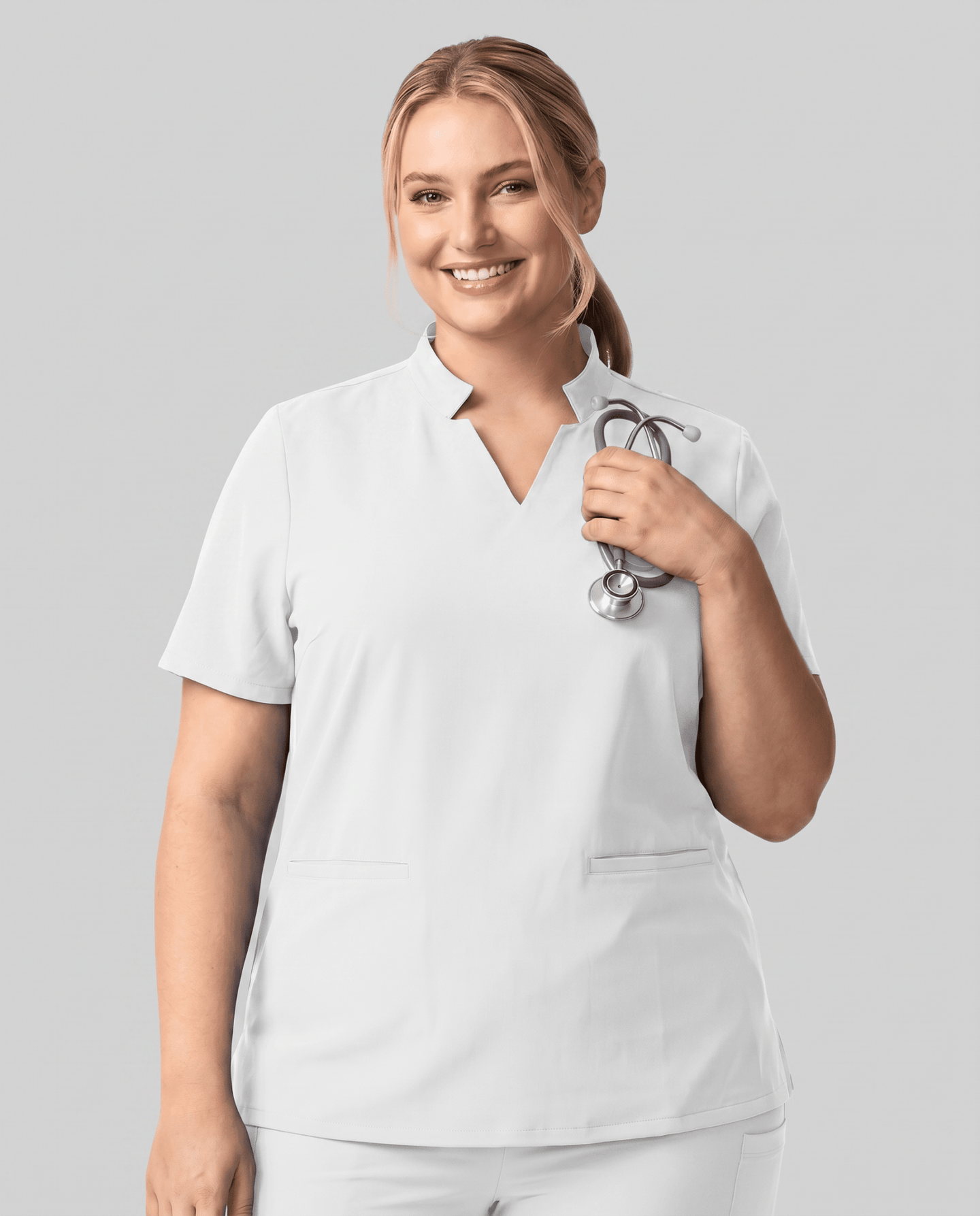 Women's Stand Collar Notch Neck Top White - Scrubloop