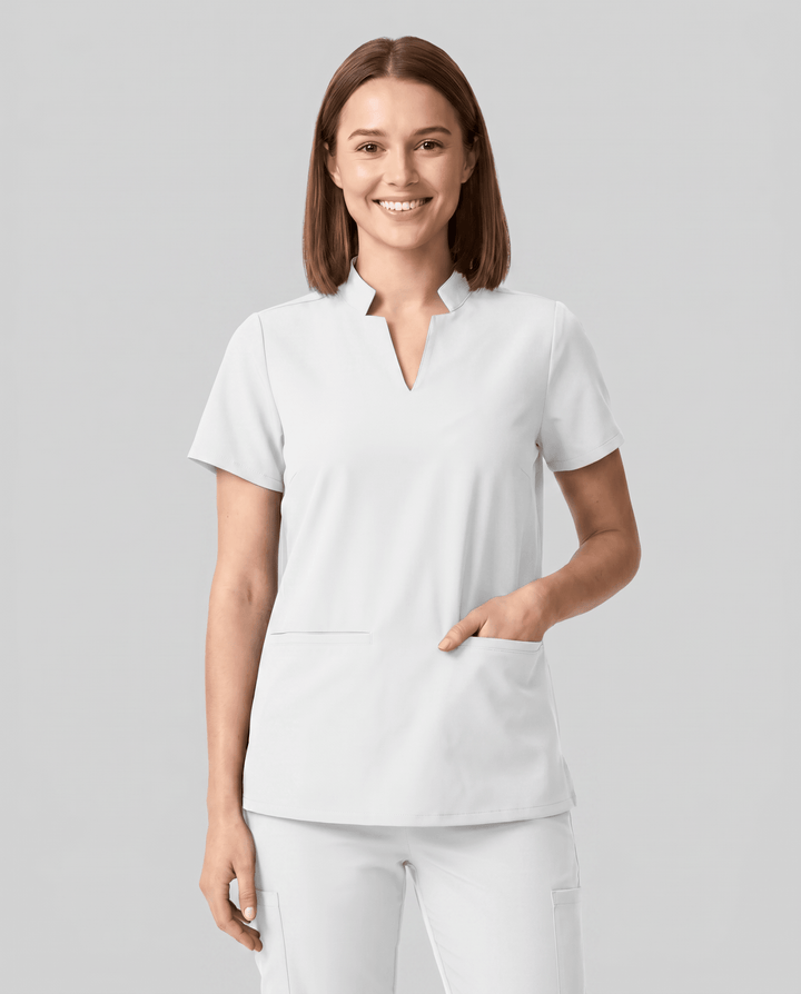 Women's Stand Collar Notch Neck Top White